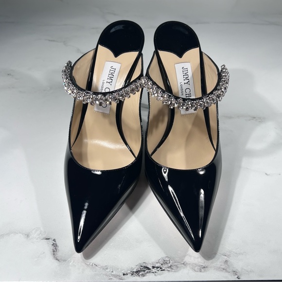 Jimmy Choo Bing 100 Black Patent Leather Crystal Strap Embellished Mule Heels - Picture 2 of 16